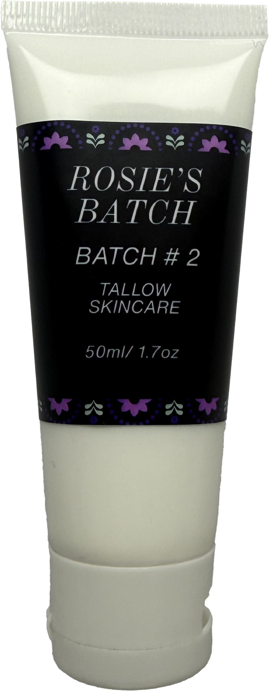 A squeeze tube labeled 'ROSIE'S BATCH TALLOW SKINCARE BATCH #2' with a size of 4 oz.